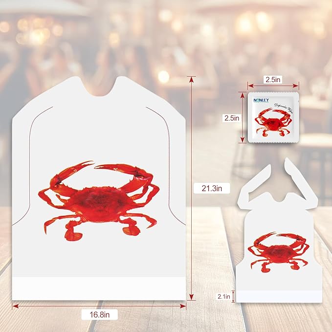 Nonley 60/100 Pack Crab Bib + Wet Wipe Set, Disposable Plastic Crawfish Bibs for Adults Seafood Boil Party Supplies