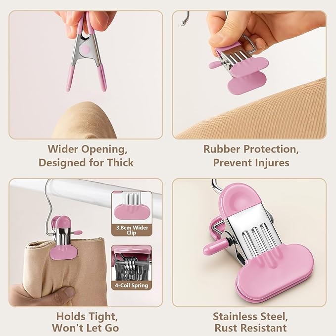 Wider Leggings Hangers for Closet 60 Pack, Metal Pants Hangers with Clips, Non-Slip Skirt Boot Jeans Hanger, Stackable Closet Organizer Space Saving Pink