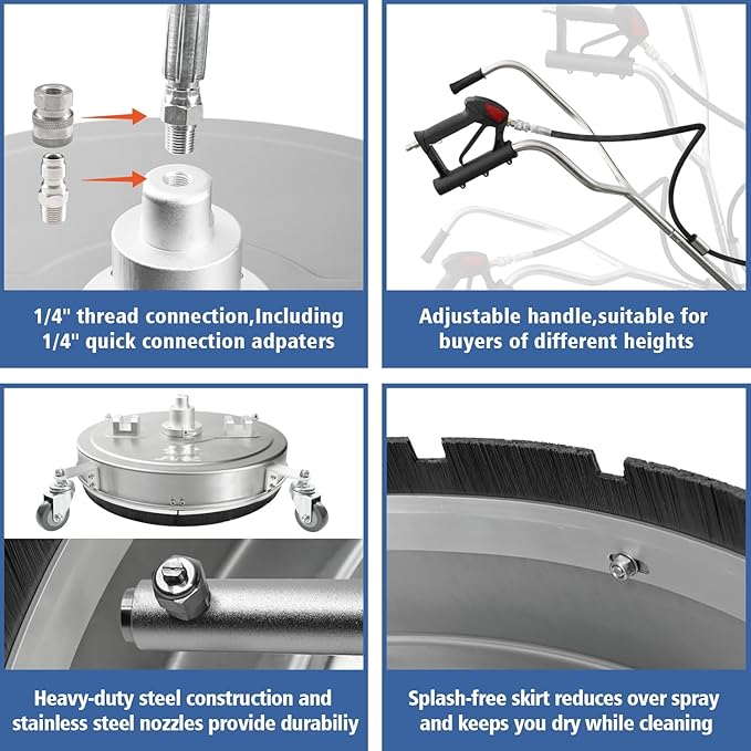 JANZ 30'' Pressure Washer Surface Cleaner with 4 Wheels,Dual Handle,Stainless Steel Housing, 2 Hose Adapters and 4 Replacement Nozzle Cores,Ideal for Driveways, Sidewalks,Patios,Decks Cleaning
