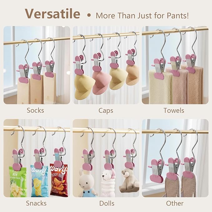 Wider Leggings Hangers for Closet 60 Pack, Metal Pants Hangers with Clips, Non-Slip Skirt Boot Jeans Hanger, Stackable Closet Organizer Space Saving Pink