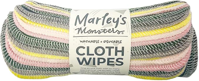 Marley's Monsters Reusable Cloth Wipes - 24 Count Pack - Washable, Cotton, Paperless Wipes (Sprout)