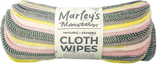 Marley's Monsters Reusable Cloth Wipes - 24 Count Pack - Washable, Cotton, Paperless Wipes (Sprout)