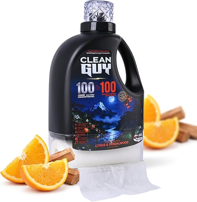 Clean Guy Laundry Detergent with Dryer Sheets | Citrus & Sandalwood Scent, Energizing Freshness, Deep Clean Technology, Soft & Fresh Clothes - Citrus & Sandalwood (100 Loads PLUS 100 Dryer Sheets)