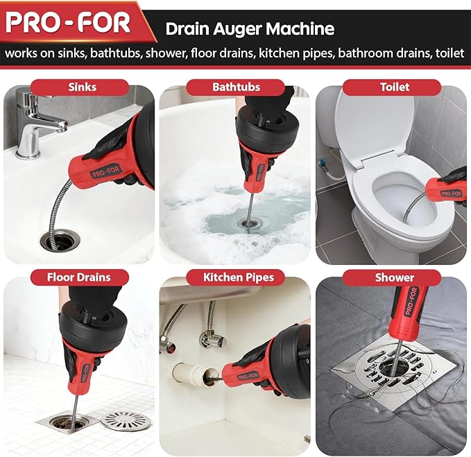 Drain Auger, 16.4FT Plumbing Snake Drain Clog Remover, Manual & Drill Powered Drain Snake for 0.75–2 Inch Pipes, Sink, Shower, Bathtub, Toilet, Kitchen Drain Cleaner Tool with Steel Cable