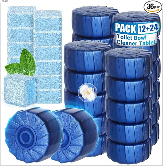 Toilet Bowl Cleaner 36 Pack, 24 Pcs Blue Toilet Bowl Tablets + 12 Pcs Tank Cleaner With Bleach, Long-Lasting Bathroom Toilet Tank Cleaner & Deodorizer, Fresh Scent(36pack,Blue)