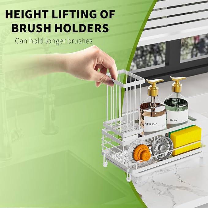 Cisily Stainless Steel Kitchen Sink Caddy Organizer, Sponge Holder for Sink Rustproof, Non-Slip Soap Dish Dispenser Brush Holder Storage, Home & Kitchen Essentials Accessories (White)