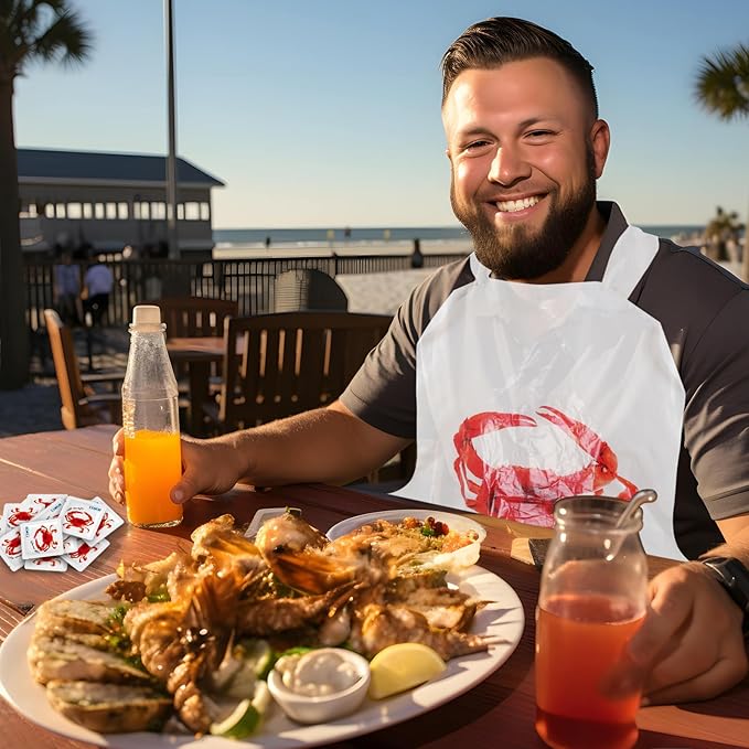 Nonley 60/100 Pack Crab Bib + Wet Wipe Set, Disposable Plastic Crawfish Bibs for Adults Seafood Boil Party Supplies