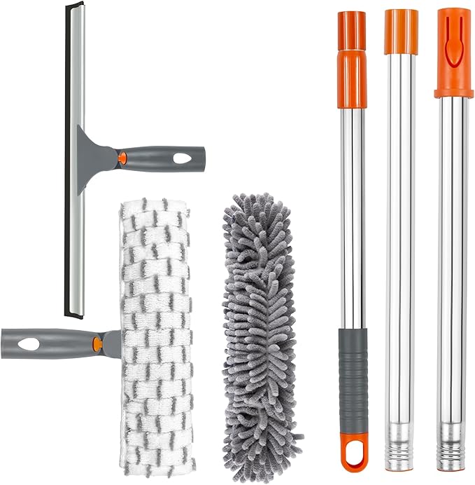 Window Squeegee with Long Handle, 57 inch BITOPE Glass Cleaner Tool with Telescopic Pole, Microfiber Cleaning Pads & Chenille Cloth for Car Windshield, Mirror, Door, Solar Panel, Inside/Outside Window