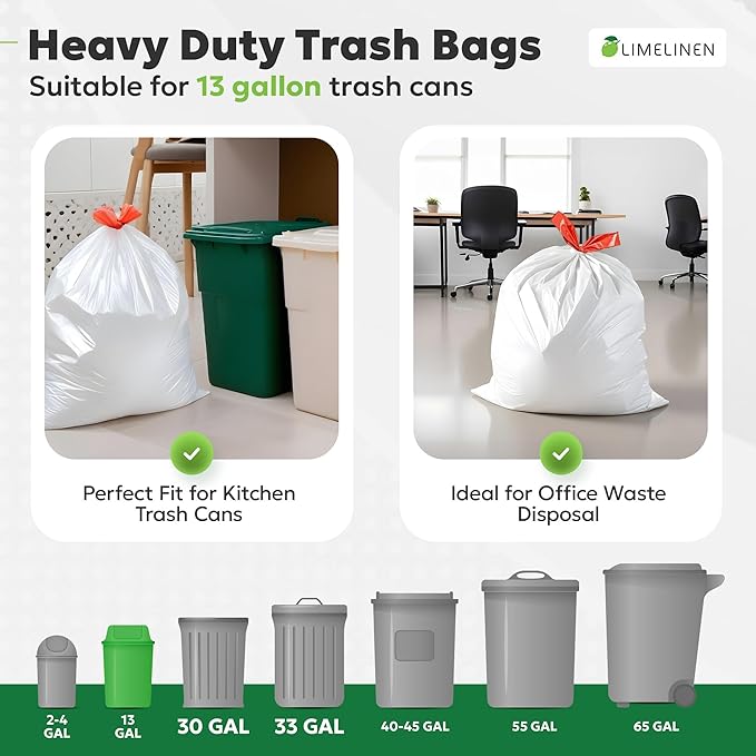 LIMELINEN Tall Kitchen Trash Bags with Drawstring, 1000 Count, 13-gallon Trash Bag of 0.9 mil Thickness, Leak and Odor-Resistant, Heavy-Duty Plastic Garbage Bags for Home and Commercial Use
