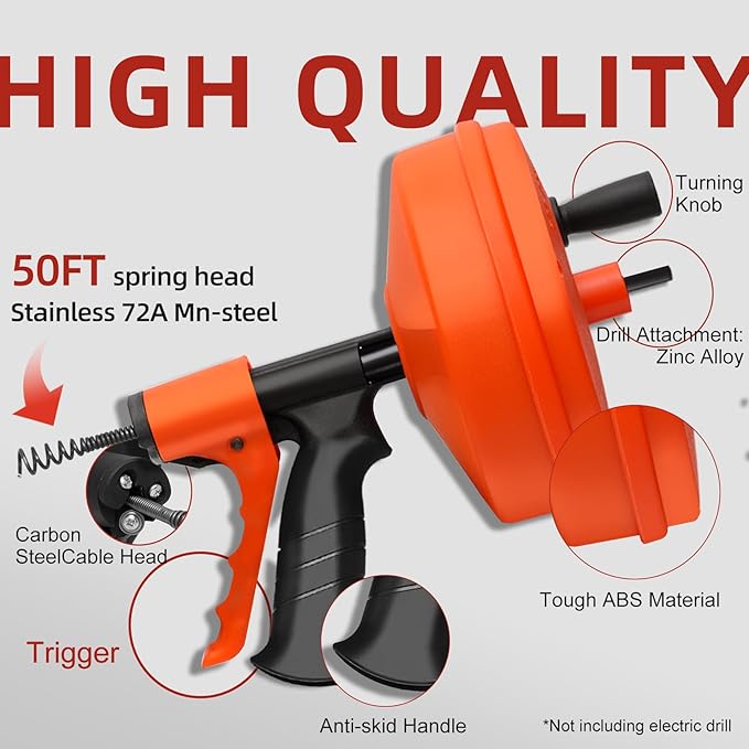 50FT Drain Snake for Clog Removal, Drill Powered & Manual Auger with Auto-Feed, 1/4 Inch Plumbing Snake for Kitchen Sink, Shower & Bathtub Drain, Hair Clog Remover Tool with Gloves & Storage Bag