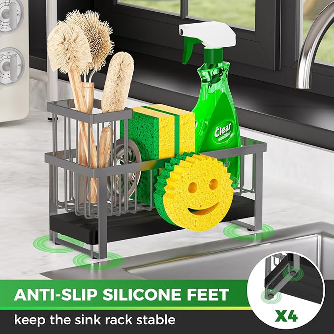 Sponge Holder for Kitchen Sink,Sink Caddy with Removable Dish Brush Holder,Self-Draining Kitchen Countertop Organizers and Storage Essentials,Soap Dispenser Organize and Home Decor-Gray