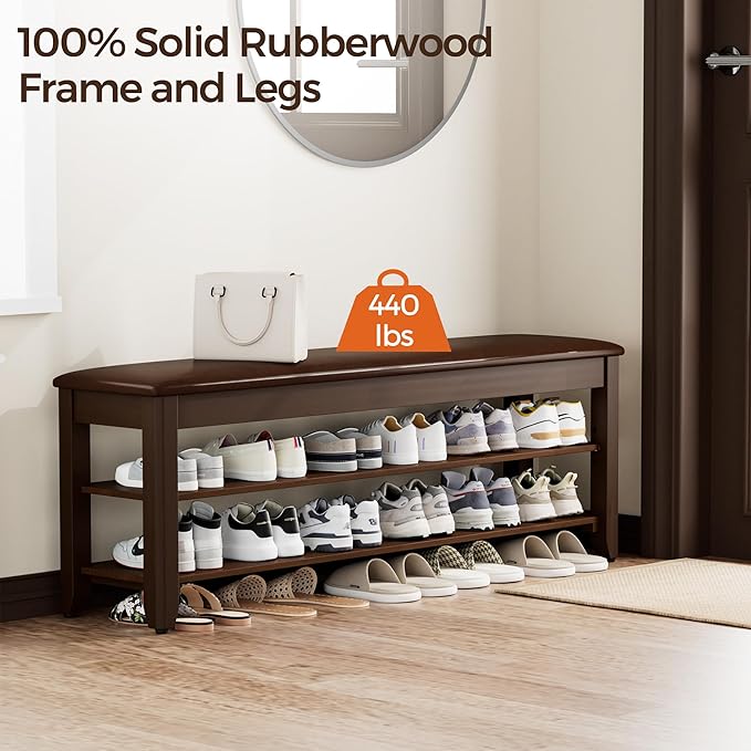 Shoe Rack Bench with Flip-Top Storage, Solid Wood Entryway Bench with Cushion, Adjustable Shelf, for Hallway, Mudroom, Closet – Walnut, 47.2"