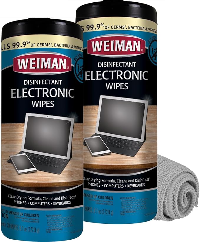 Weiman Electronics & Screen Disinfecting Wipes - Safely Clean and Disinfect Your Phone, Laptop, Keyboard, Tablets, Lens, Wipe, Glasses Cleaner, 30 Count, 2 Pack with MicroFiber Towel