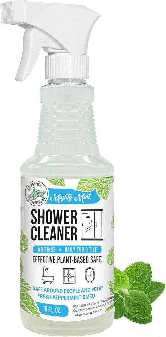 Mighty Mint Shower Cleaner, No-Rinse, No-Scrub, Daily Spray for Glass, Tile, Grout, Fresh Peppermint Scent, 16oz