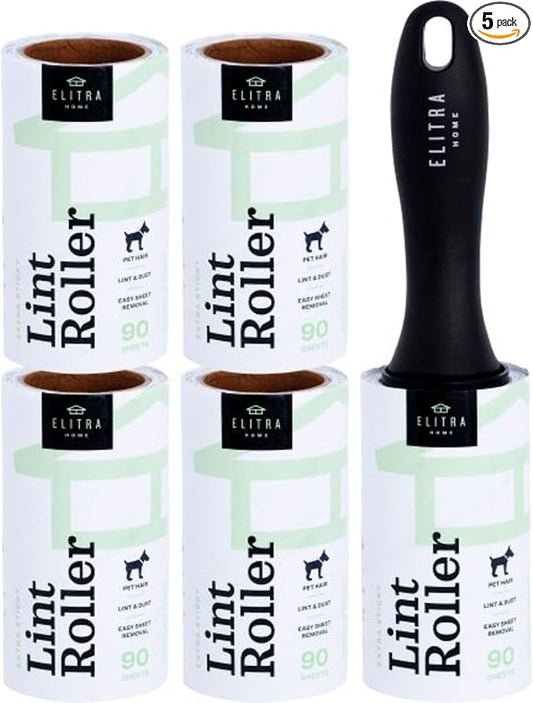 Lint Roller for Pet Hair Remover with Refills for Clothes Floors & Furniture - 450 Sheets Extra Sticky Lint Roller 5pk Black