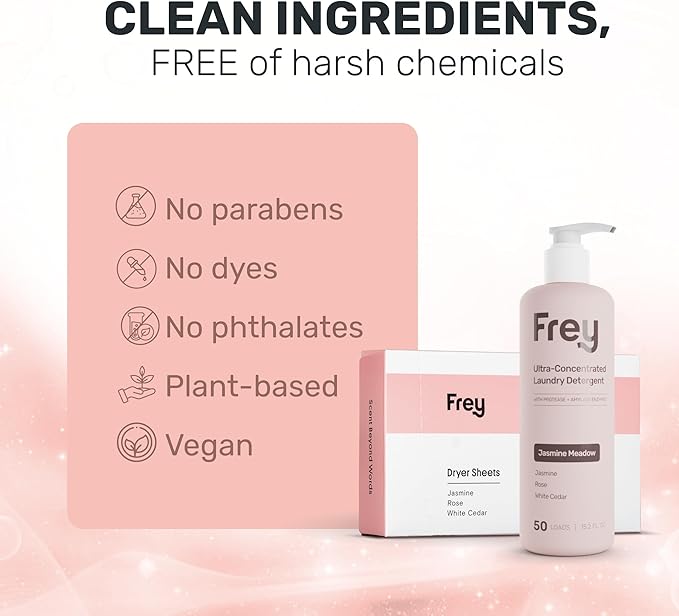 FREY Classic Laundry Bundle – Concentrated Liquid Detergent (Up to 50 Loads) + Dryer Sheets (30 Sheets) – Plant-Derived Formulation, HE Compatible (Jasmine Meadow)