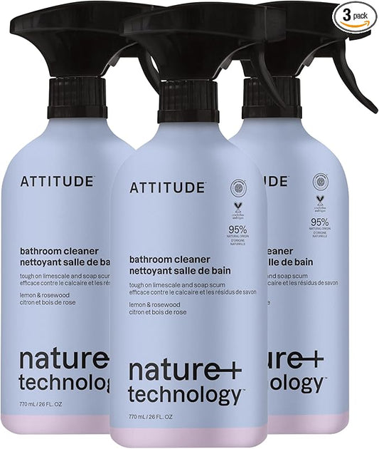 ATTITUDE Bathroom Cleaner Spray, Natural Origin Ingredients, EWG Verified, Eliminates Soap Scum, Limescale, Streak Free, Lemon & Rosewood, 26 Fl Oz (Pack of 3)
