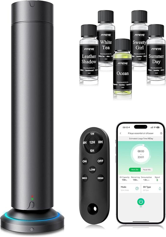 Waterless Scent Diffuser Kit Include 5x20ml Essential Oils, Essential Oil Diffuser for Home, Hotel & Office, APP&Remote Control, Quiet Operation, Pets and Kids Friendly, Max Coverage 1500 Sq Ft