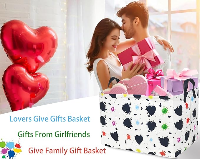 Valentines Day Basket Large Foldable Heart Shaped Storage Box for Gifts Kids Empty Storage Bins Rectangular Toy Organizer Decor (Black Pink Line Love)