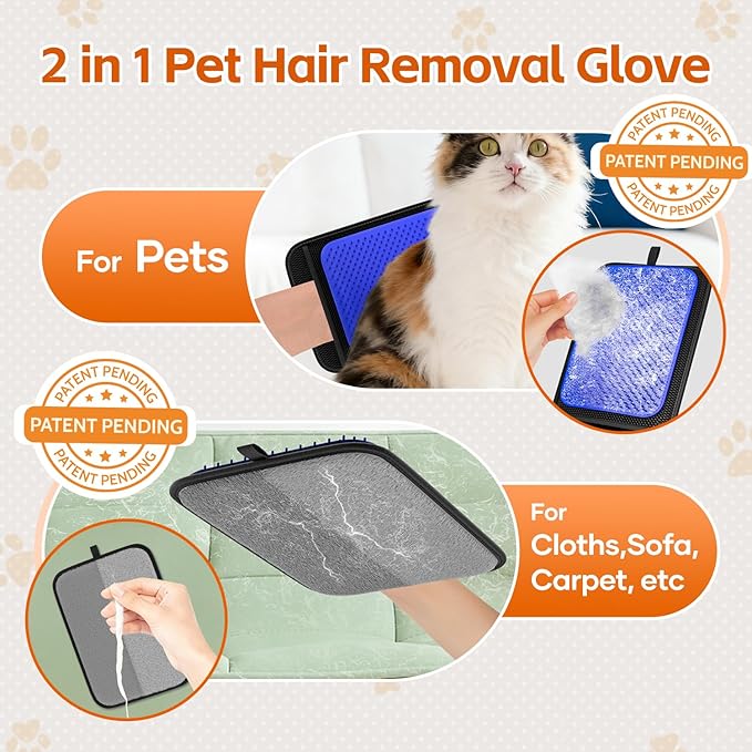 2 in 1 Pet Hair Removal Glove, Upgraded Pet Hair Remover Tool, Gentle Shedding Silicone Magic Brush for Dogs & Cats, Efficient Pet Hair Gloves for Couch Carpet Clothing (Blue)