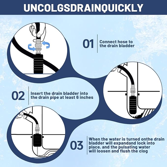 Drain Bladder Kit, Drain Cleaning Bladder with Water Stop Valve Faucet Adapter and 16 3/8ft Garden Hose, Drain Blockage Unclog Kit for Bathroom Drains Kitchen Sinks, For 1 To 6 IN Drain Pipes