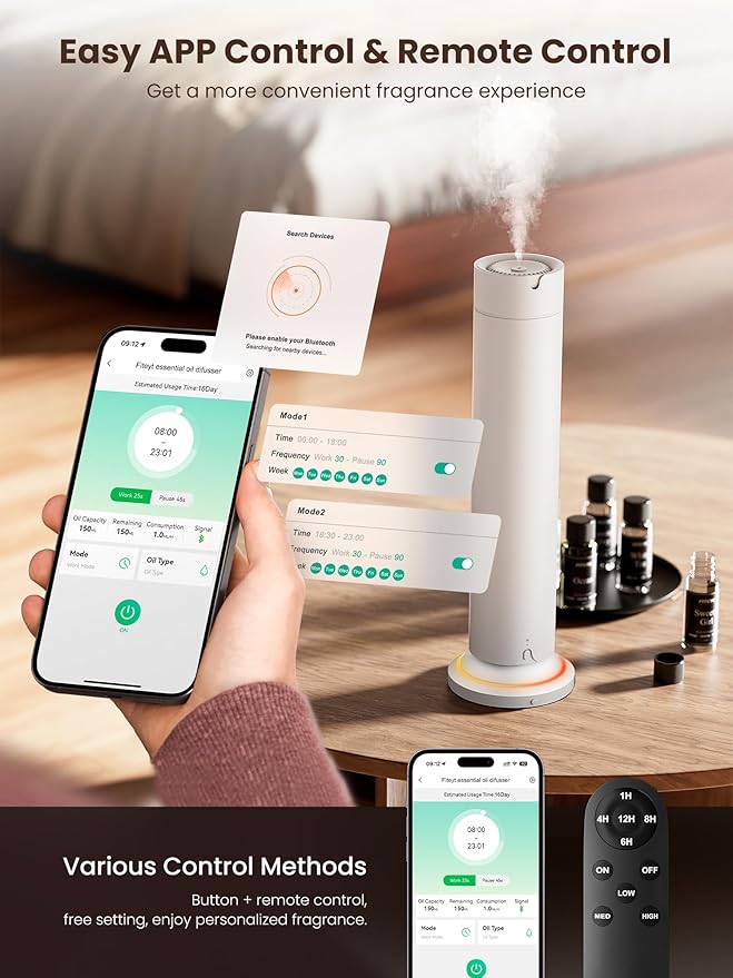 Waterless Scent Diffuser Kit Include 5x20ml Essential Oils, Essential Oil Diffuser for Home, Hotel & Office, APP&Remote Control, Quiet Operation, Pets and Kids Friendly, Max Coverage 1500 Sq Ft, White