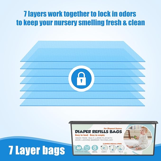 Diaper Pail Refills Bags with 30 Bags Compatible with Genie Easy Roll Signature and Platinum Diaper Pails, 7-Layer Odor-Barrier Technology, 3 Pack (90 Bag)