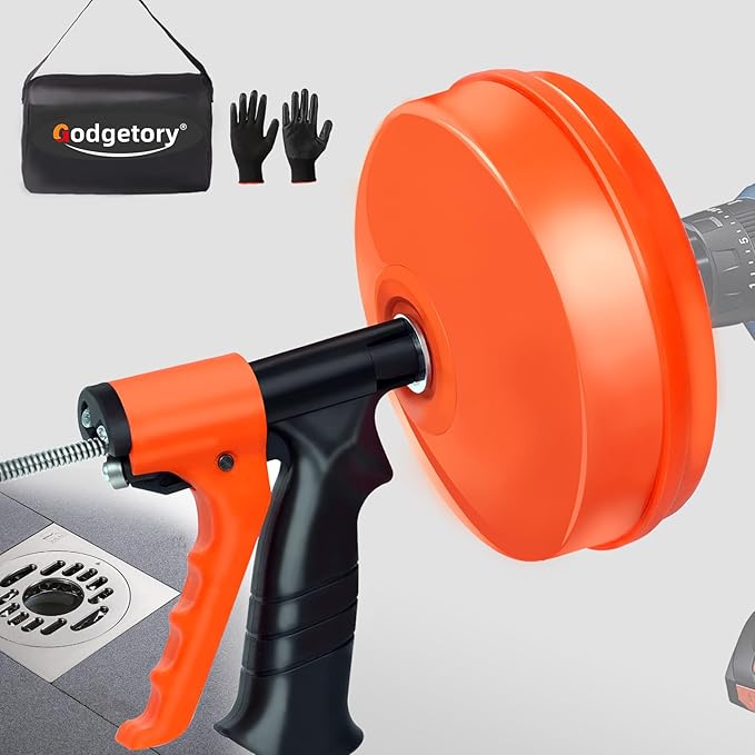 50FT Drain Snake for Clog Removal, Drill Powered & Manual Auger with Auto-Feed, 1/4 Inch Plumbing Snake for Kitchen Sink, Shower & Bathtub Drain, Hair Clog Remover Tool with Gloves & Storage Bag