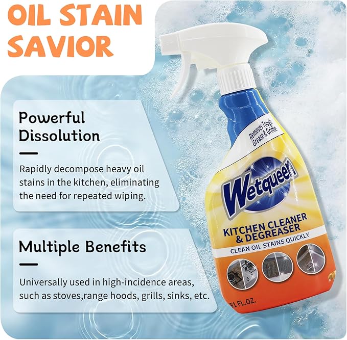 WETQUEEN All Purpose Cleaner Spray, Heavy Duty Kitchen Degreaser Foam & Stubborn Stain Remover for Kitchen, Household, Oven, Stove, Range Hood, Tiles, Dual-Spray Nozzle, Lemon Scent, 16.91 Fl Oz