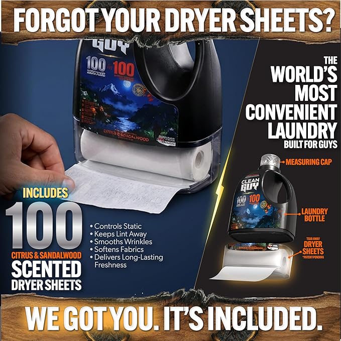 Clean Guy Laundry Detergent with Dryer Sheets | Citrus & Sandalwood Scent, Energizing Freshness, Deep Clean Technology, Soft & Fresh Clothes - Citrus & Sandalwood (100 Loads PLUS 100 Dryer Sheets)