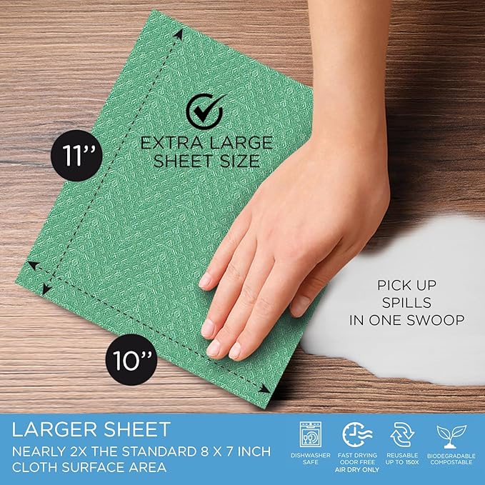 LOLA Wowables XL Swedish Dishcloths, 12 Reusable Eco Cleaning Cloths, 11" x 10", Ultra Absorbent Cellulose Sponge Towel, Compostable, Made in Germany
