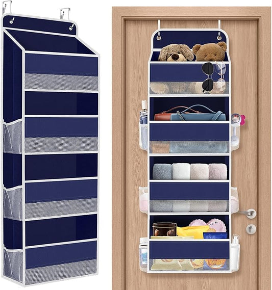 1 Pack Over The Door Organizer, Hanging Storage Organizer with Clear Window, 40lb Ultra Sturdy Large Capacity Room Organizer for Pantry Laundry Bathroom Nursery Closet (Blue)