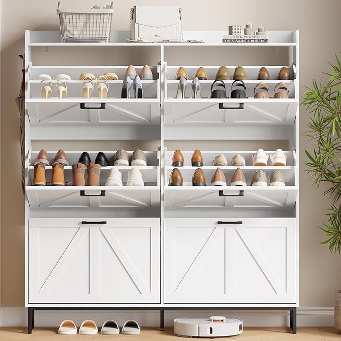 Shoe Cabinet with 6 Flip Drawers, Freestanding Hidden Shoe Storage Organizer for Entryway, Narrow Slim Shoe Rack Cabinet with Open Storage & Hooks for Front Door Entrance, Living Room, Hallway, White