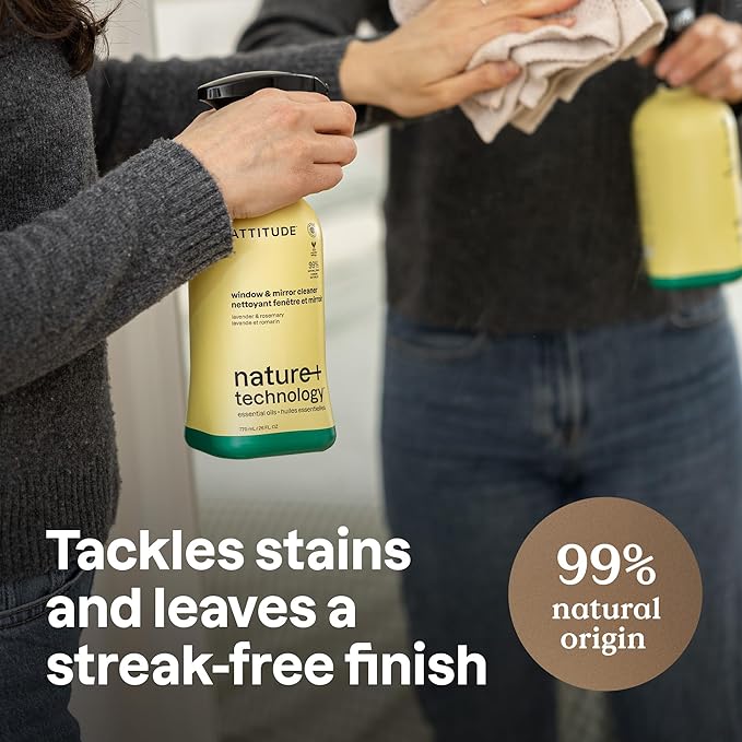 ATTITUDE Window & Mirror Cleaner Spray, Plant-Based Ingredients, EWG Verified, Streak Free, Removes Fingerprints, Dust and Dirt, Lavender & Rosemary, 26 Fl Oz