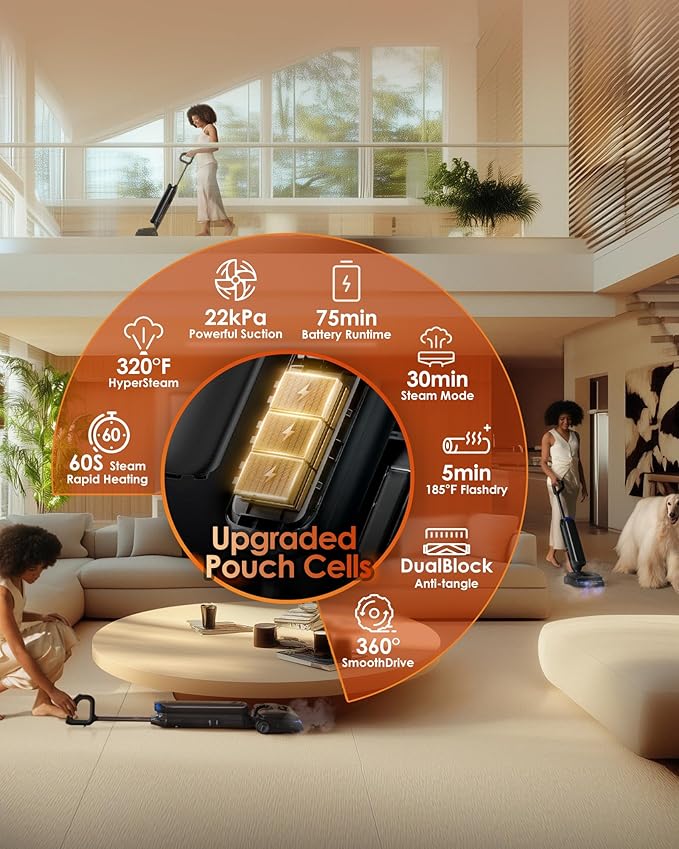 Tineco Floor One S9 Artist Steam Wet Dry Vacuum Cleaner, High-Temp Steam Cleaning, 22kPa Suction, 360° SmoothDrive, Anti-Tangle Design, 185°F Flashdry, Long Runtime, 180° Lay-Flat