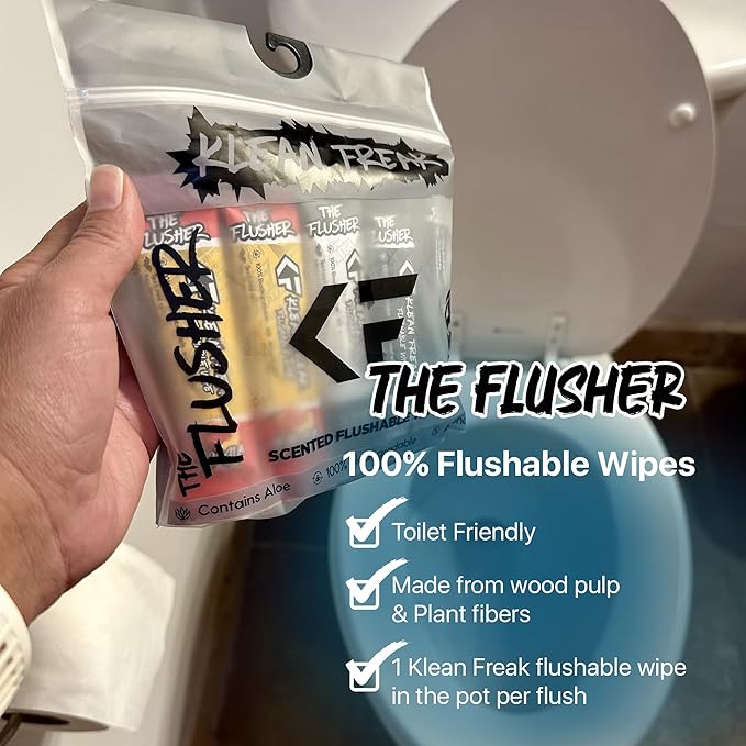 THE KLEAN FREAK FLUSHER - 100 Pack FLUSHABLE WIPES Flushable Wipes For Adults & Kids Unscented/Scented - 100% BIODEGRADABLE Individual Wrapped Travel WET Wipe for Toilet - Spearmint Rush