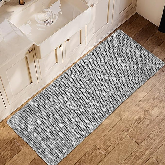 ZALL Waffle Bath Mat,Super Absorbent Non Slip Bathroom Rug,Grey 24X72inch, Geometric Diamond Machine Washable Ultra Soft Floor Mats Gray