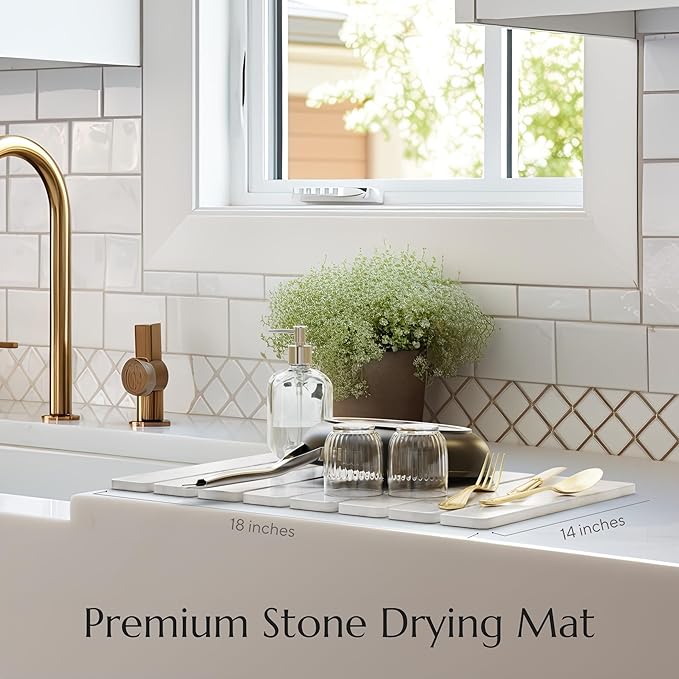 Stone Drying Mat for Kitchen Counter - Collapsible Diatomaceous Earth Dish Drying Stone - Fast Absorbent Stone Dish Drying Mat for Dishes and Pots (White)