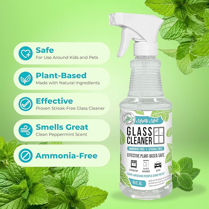 Mighty Mint Glass Cleaner, Ammonia-Free, Streak-Free Spray for Windows, Screens, Stovetop, Bathroom, Natural Peppermint Scent, 16oz