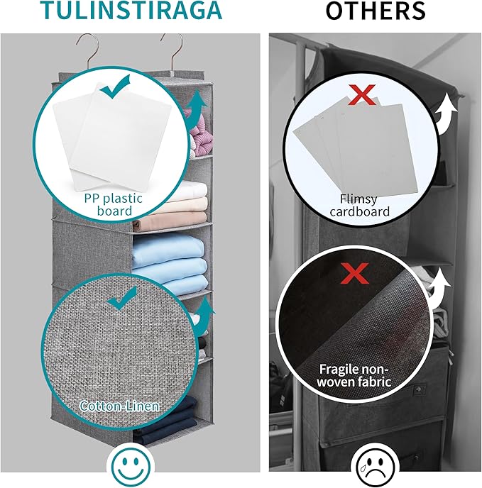 Large Hanging Sweater Organizer for Closet,Collapsible 6-Shelf Hanging Closet Shelves with Drawers, Washable (Beige -6 Shelf)