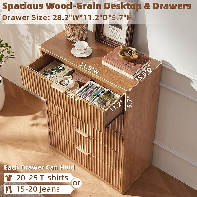 LEYAOYAO Fluted 5 Drawers Dresser Set of 2, 41" Tall Modern Chest of Drawers with Metal Handle, Curved Profile Dresser TV Stand, Wooden Drawer Organizer for Bedroom, Living Room, Hallway, Navy Blue