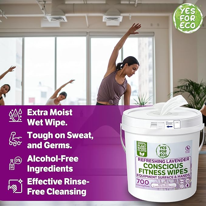 Plant-Based Eco-Conscious Fitness Wipes – 700 Count Refill + Reusable Dispenser Bucket | Infused with Lavender & Tea Tree Oil | All-Purpose Cleaning Wipes for Yoga, Pilates, and Gym Equipment