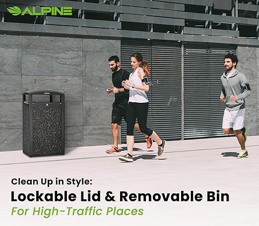 Alpine Outdoor Commercial Trash Can with Lid - 40 Gallon Heavy Duty Metal Garbage Can with Removable Bin, Locking Lid for a Modern Look in Park, Mall & High Traffic Areas-Grey Stone Panels (With Tray)