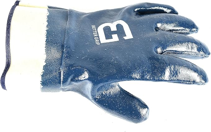 (Box Deal) Better Grip BG105NITRILE-72 Heavy Duty Premium Nitrile Rubber Fully Coated Gloves with Safety Cuffs, Smooth, Blue, Chemical Resistant, Large (1 Case- 72 pairs)