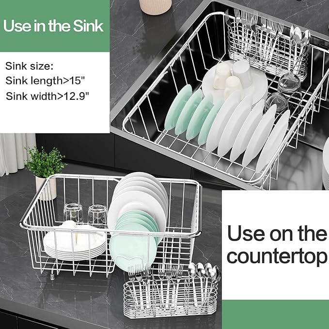 Large Dish Drainer Rack in Sink Adjustable, Expandable 304 Stainless Steel Metal Dish Drying Rack Organizer with Stainless Steel Utensil Holder Over Inside Sink Counter, Rustproof