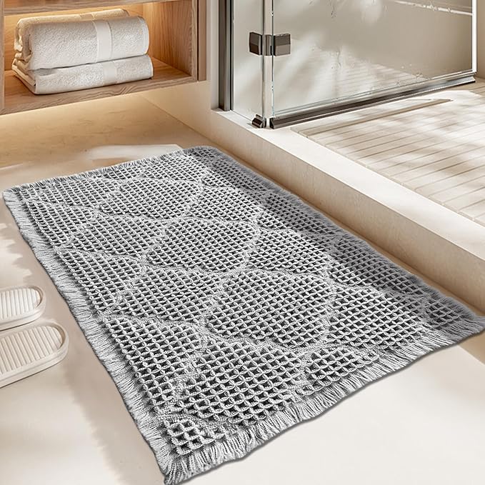 ZALL Waffle Bath Mat,Super Absorbent Non Slip Bathroom Rug,Grey 24x36inch,Geometric Diamond Machine Washable Ultra Soft Floor Mats Gray