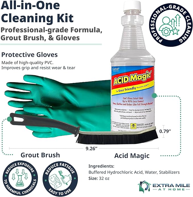 Acid Magic 32 oz Grout Cleaner Bundle with Heavy-Duty Gloves & Grout Brush - 3 Items - Shower Tile Cleaner Removes Limescale, Calcium & Buildup on Swimming Pools and Floors