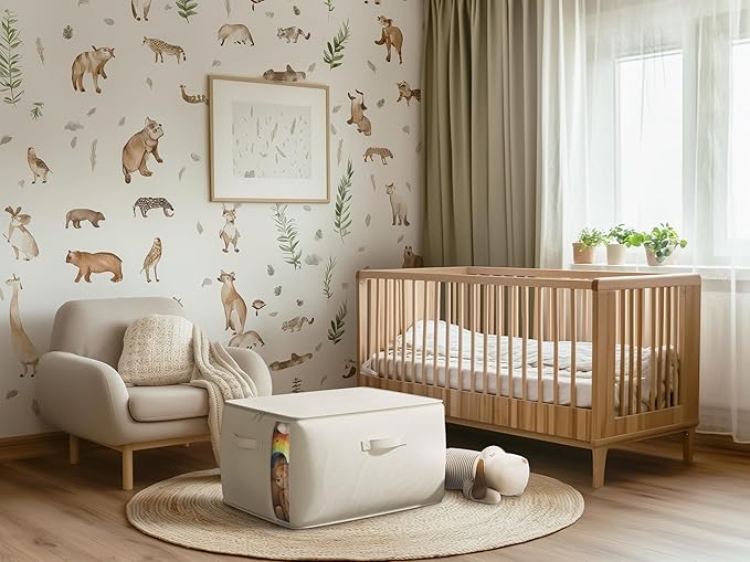 Large Canvas Clothes Storage Bags with Thick Handles and Clear Window, Foldable Cotton Linen Underbed Closet Organizer for Clothing, Blankets and Bedding, 60L, 4 Pack, Beige