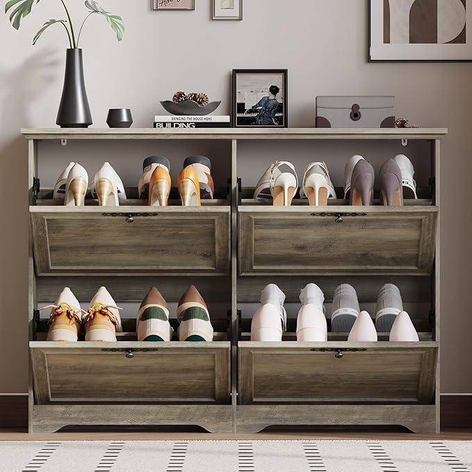 Large Shoe Cabinet for Entryway, 4 Flip Drawer Organizer with Adjustable Shelves, Wooden Slim Shoe Storage Cabinet and Rack for Closet, Hallway, Foyer