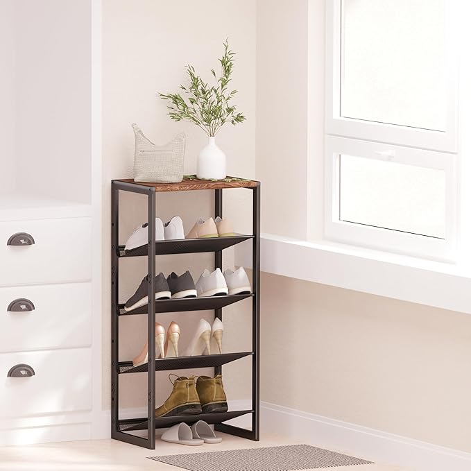Narrow 5-Tier Shoe Rack, Slim Space-Saving Shelf with Decorative Wood Top & Steel Mesh, Entryway/Closet/Dorm Organizer, 16.5x11.8x36 Inches